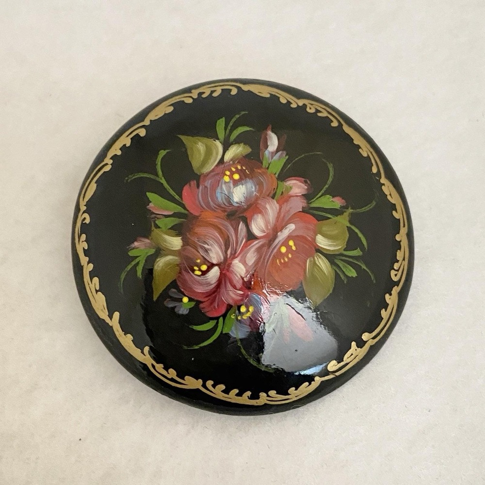VTG Russian Brooch Pin Lacquer Art Floral Bouquet Hand Painted Moscow Signed